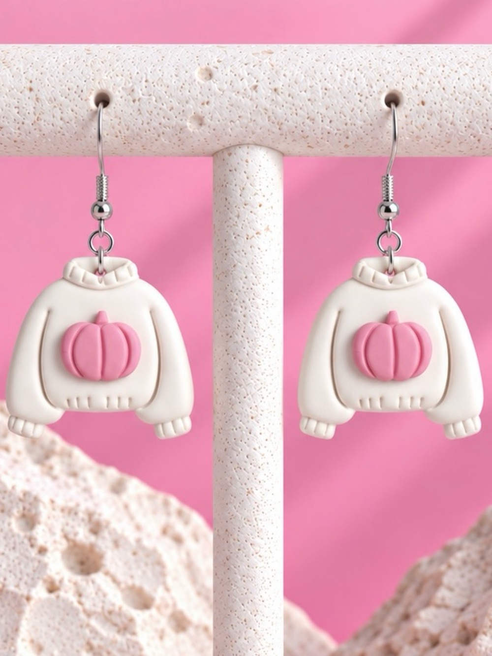 Pumpkin Knitty — Fall & Autumn — Handmade Earrings — White & Pink
